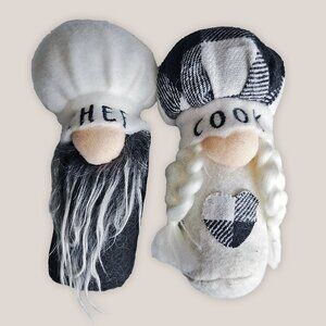 Bon Appetit Gnomes w/ Chef Hats SET OF 2 Cook Plush Plaid Black White - T4160